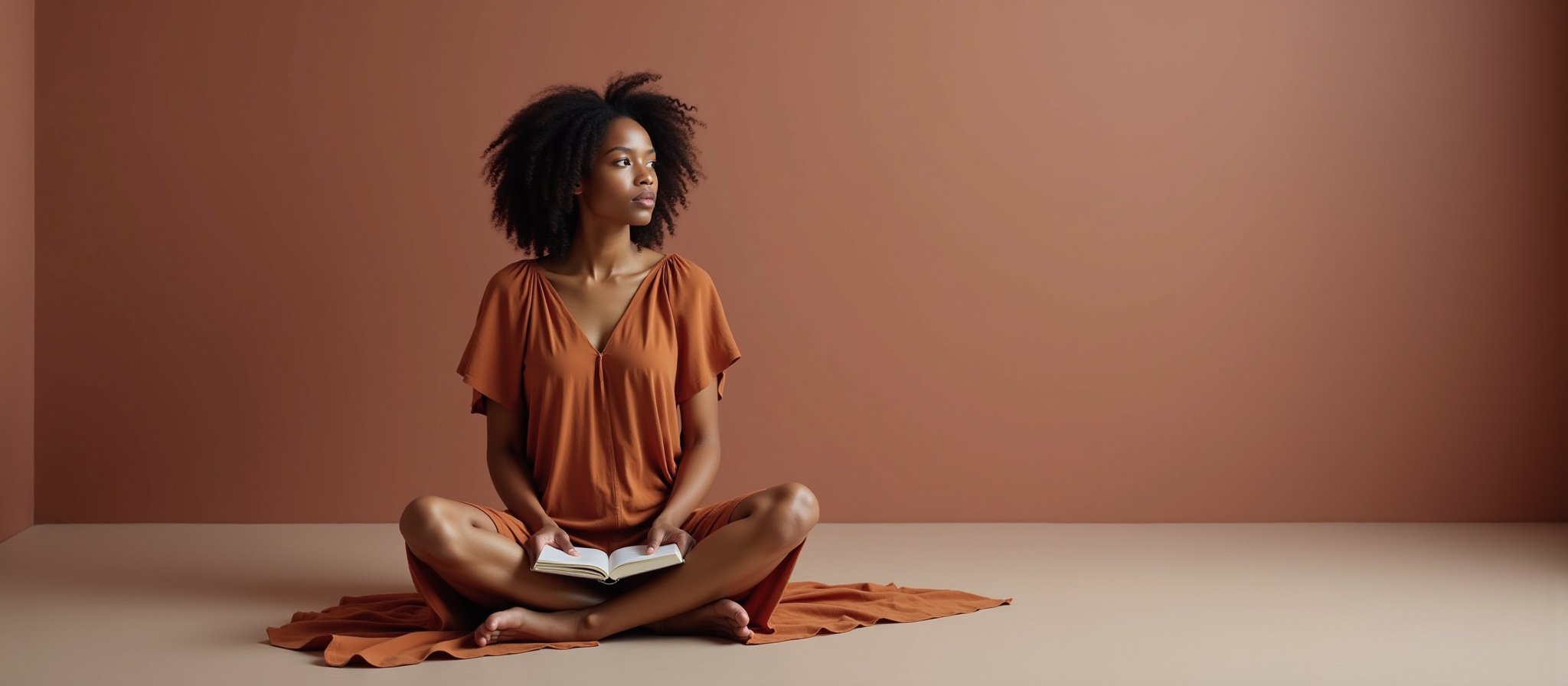 Woman sitting cross legged while holding a book