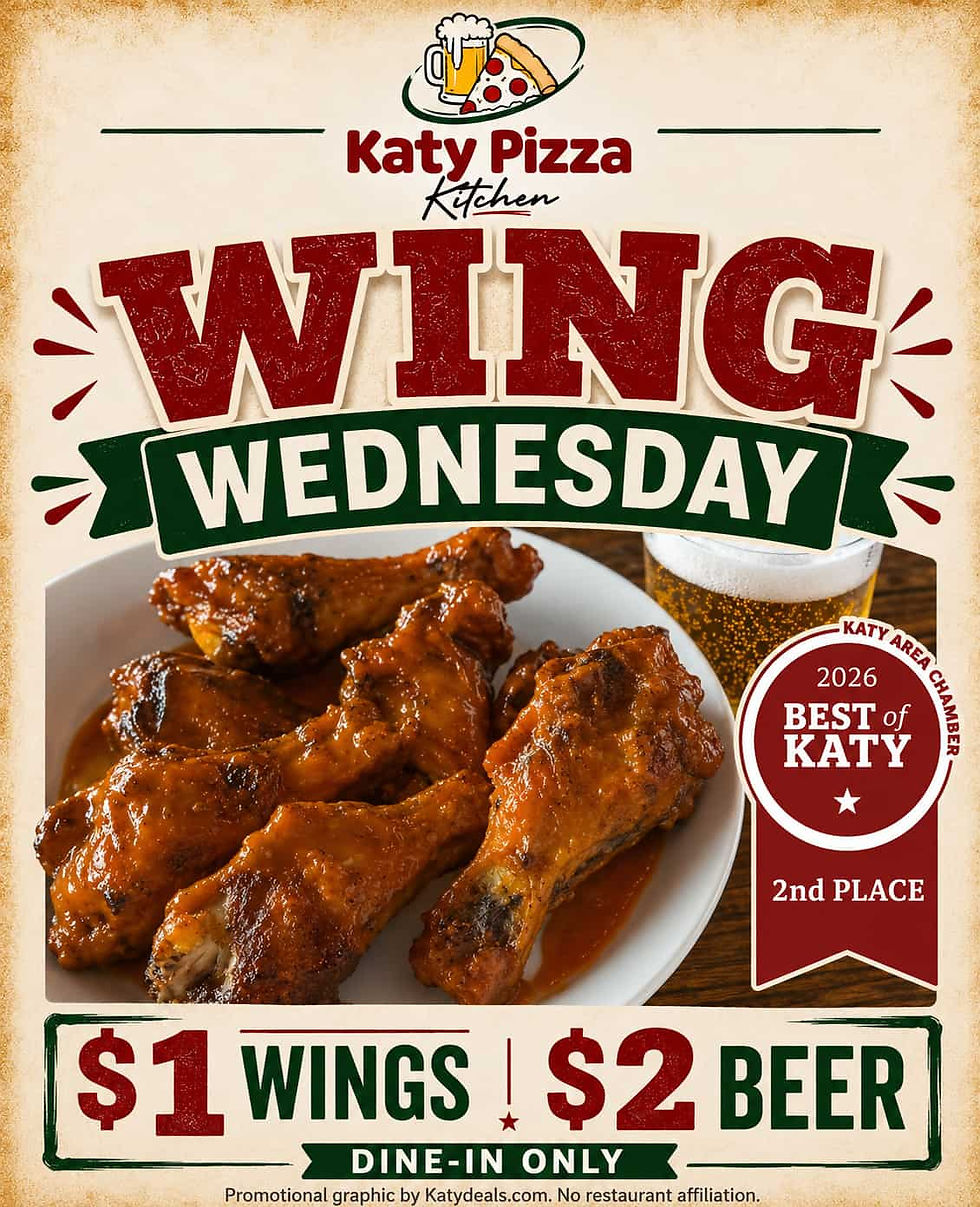 Katy Pizza Kitchen Wing Wednesday | $1 Wings & $2 Beer All Day (I-10 & Greenhouse Rd).