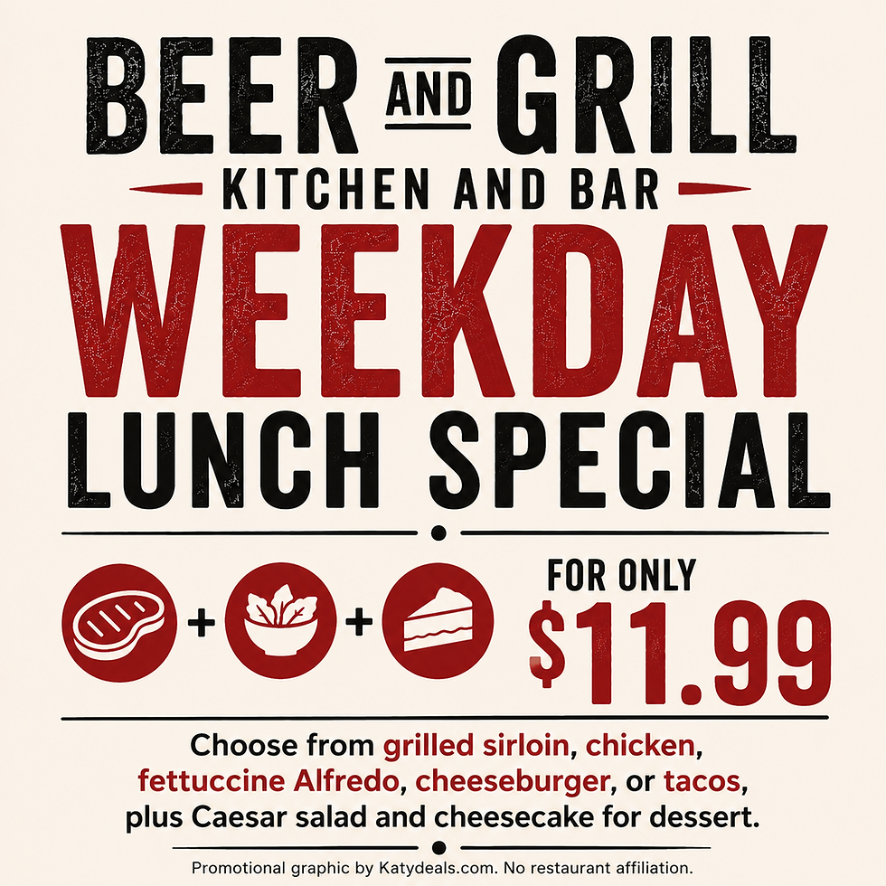 Light beige promotional graphic for Beer and Grill Kitchen and Bar featuring a weekday lunch special with starter, entrée, and dessert for $11.99, including grilled sirloin, chicken, fettuccine Alfredo, cheeseburger, tacos, Caesar salad, and cheesecake.