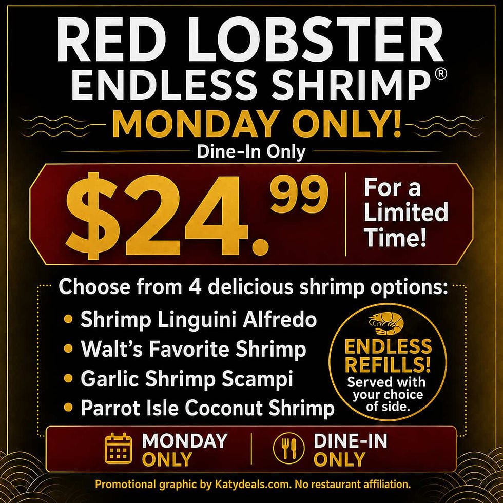 Promotional flyer for Red Lobster's Monday Endless Shrimp special featuring endless shrimp for $24.99. Choose from Shrimp Linguini Alfredo, Walt's Favorite Shrimp, Garlic Shrimp Scampi, or Parrot Isle Coconut Shrimp. Includes one side with endless refills. Dine-in only.