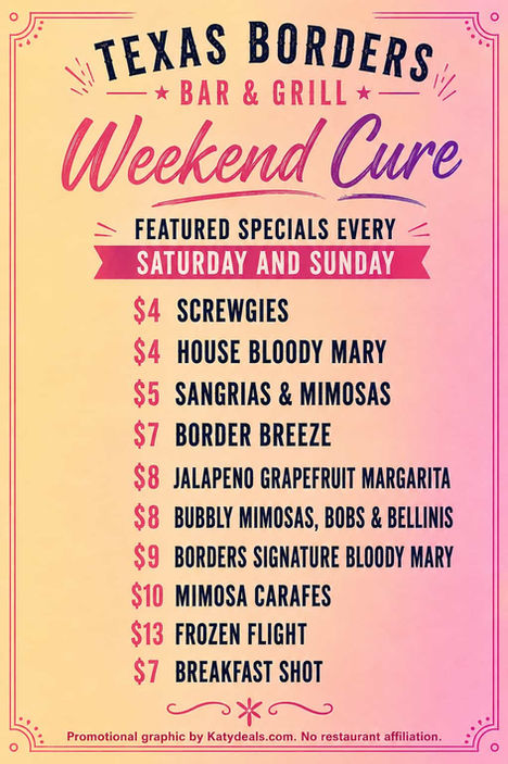 Colorful retro-style Weekend Cure flyer for Texas Borders Bar & Grill featuring Saturday and Sunday drink specials on a peach and pink gradient background with bold navy and pink typography. Specials include Bloody Marys, Mimosas, Moscow Mules, Margaritas, Frozen Flights, and Breakfast Shots.