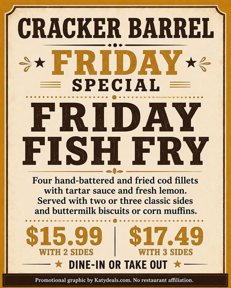 Cracker Barrel (I-10 & Barker Cypress) FRIDAY Special: FRIDAY FISH FRY with 2 sides for $15.99.