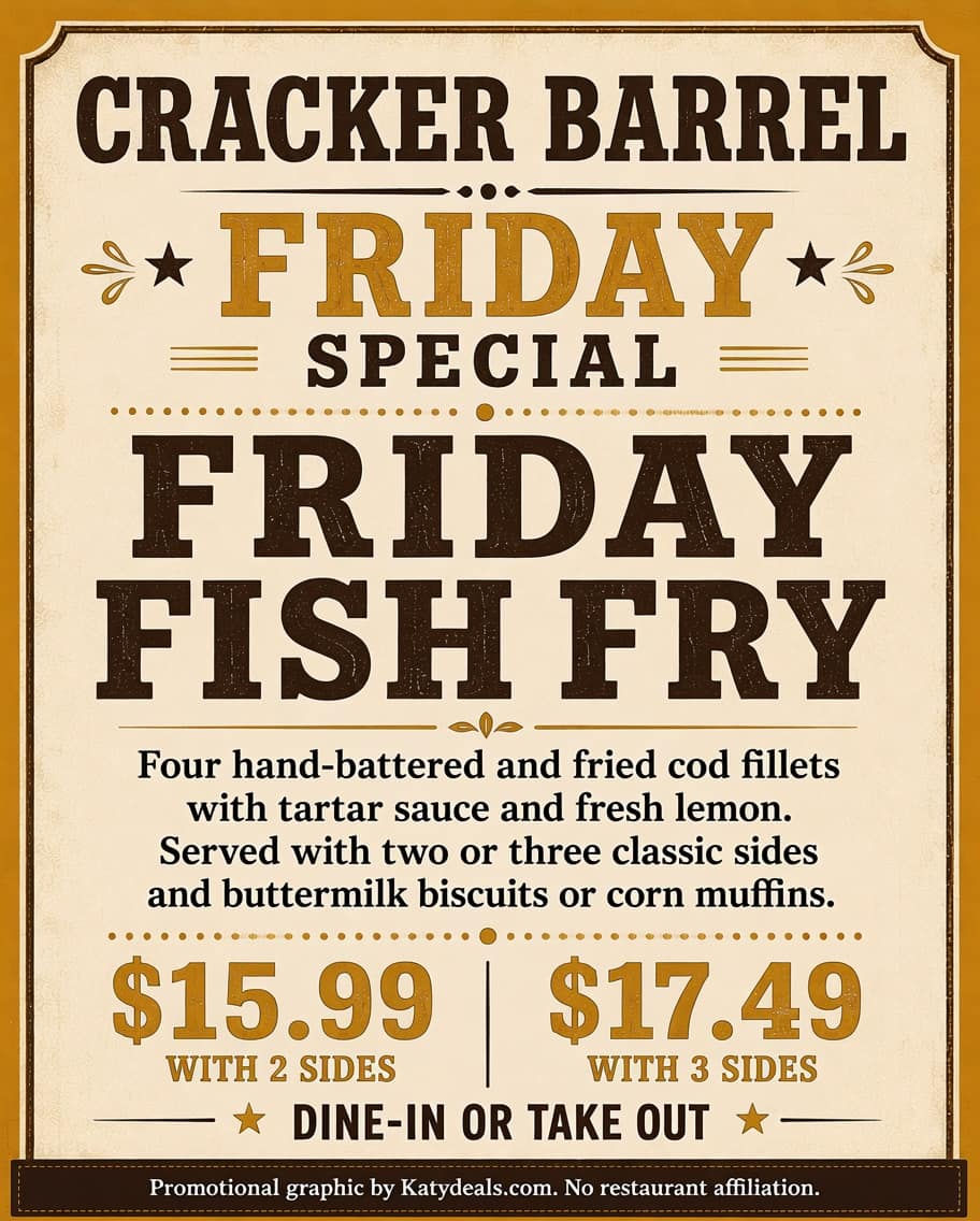 Promotional flyer for Cracker Barrel’s Friday Special featuring the Friday Fish Fry. Enjoy four hand-battered and fried cod fillets served with tartar sauce and fresh lemon, plus your choice of two or three classic sides and buttermilk biscuits or corn muffins. Priced at $15.99 with two sides or $17.49 with three sides. Available for dine-in or takeout.
