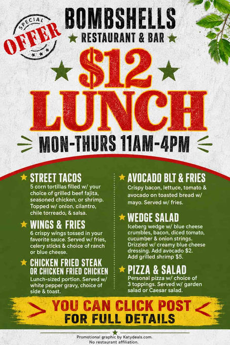 Vintage-style Bombshells Restaurant & Bar lunch special flyer featuring bold distressed typography advertising $12 lunch specials available Monday through Thursday from 11AM–4PM. The graphic includes abbreviated menu items, green and red accent colors, and a textured off-white background.