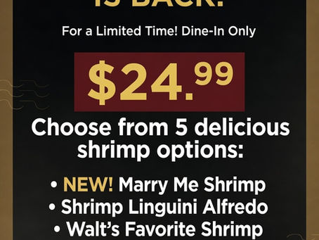 Red Lobster Endless Shrimp promotional flyer. For a limited time enjoy Endless Shrimp for $24.99. Choose from five delicious options including NEW Marry Me Shrimp, Shrimp Linguini Alfredo, Walt’s Favorite Shrimp, Garlic Shrimp Scampi, and Parrot Isle Coconut Shrimp. Dine-in only.