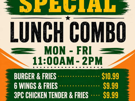 Rustic-style Scotty’s Bar & Grill lunch combo flyer featuring bold white and yellow typography on a tan, orange, and green background. The graphic lists weekday lunch specials available Monday through Friday from 11:00AM–2PM with dine-in pricing.