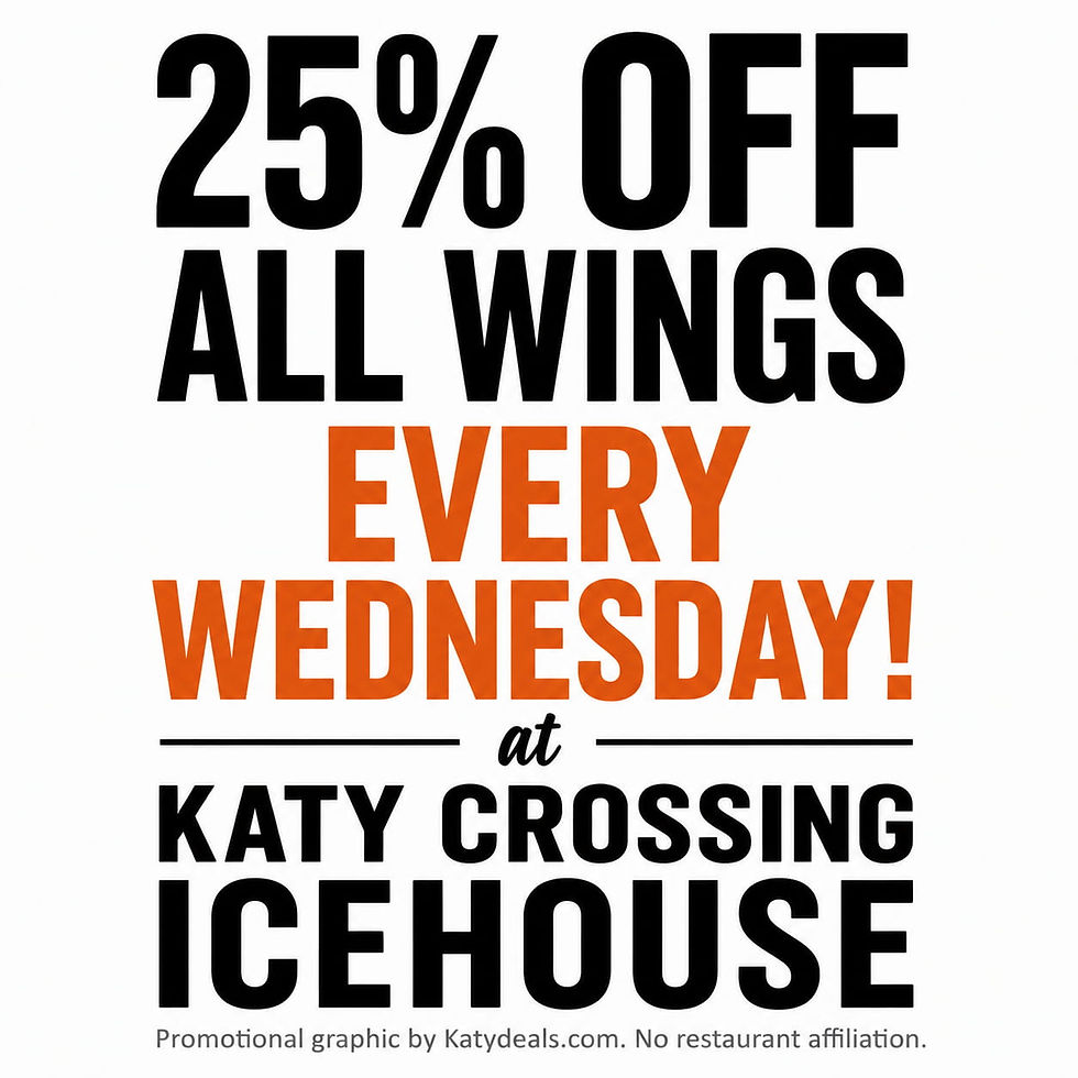 Promotional graphic for 25% OFF wings special available every Wednesday at Katy Crossing Icehouse.