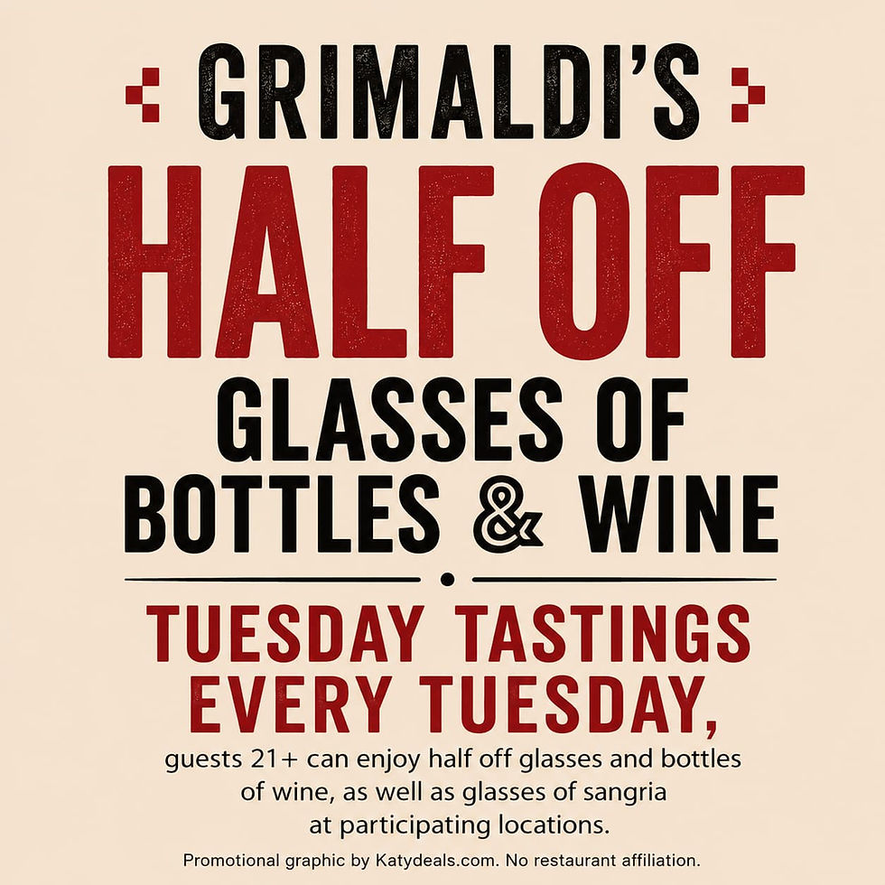 Promotional graphic for Grimaldi’s Tuesday Tastings featuring half off wine bottles, wine glasses, and sangria every Tuesday for guests 21 and older at participating locations.