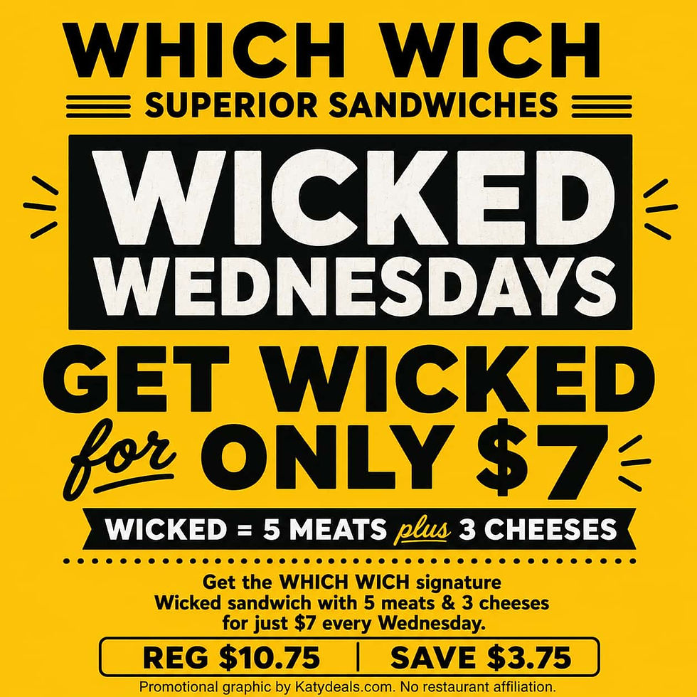 Promotional flyer for Which Wich Superior Sandwiches’ Wicked Wednesday special featuring the signature Wicked sandwich for just $7 every Wednesday. The Wicked sandwich includes turkey, ham, roast beef, pepperoni, bacon, and three cheeses. Regular price is $10.75, a savings of $3.75.