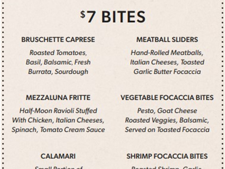 Carrabba's Italian Grill Happy Hour menu featuring sangria, appetizers, wine, drafts, and spirits available daily from 4:00 PM to 6:00 PM, with drink and food specials ranging from $3 to $9.