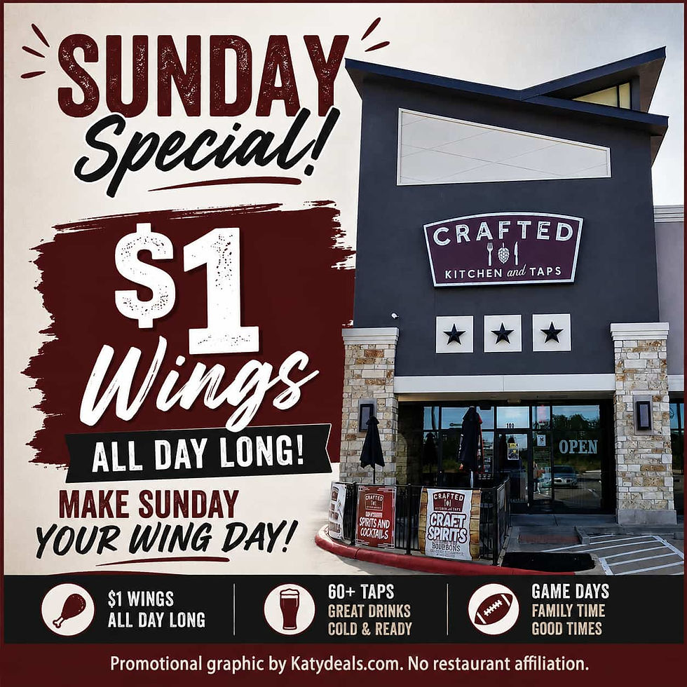 Promotional flyer for Crafted Kitchen & Taps Sunday special featuring $1 wings available all day. A weekend dining deal ideal for game day, family outings, or casual dining