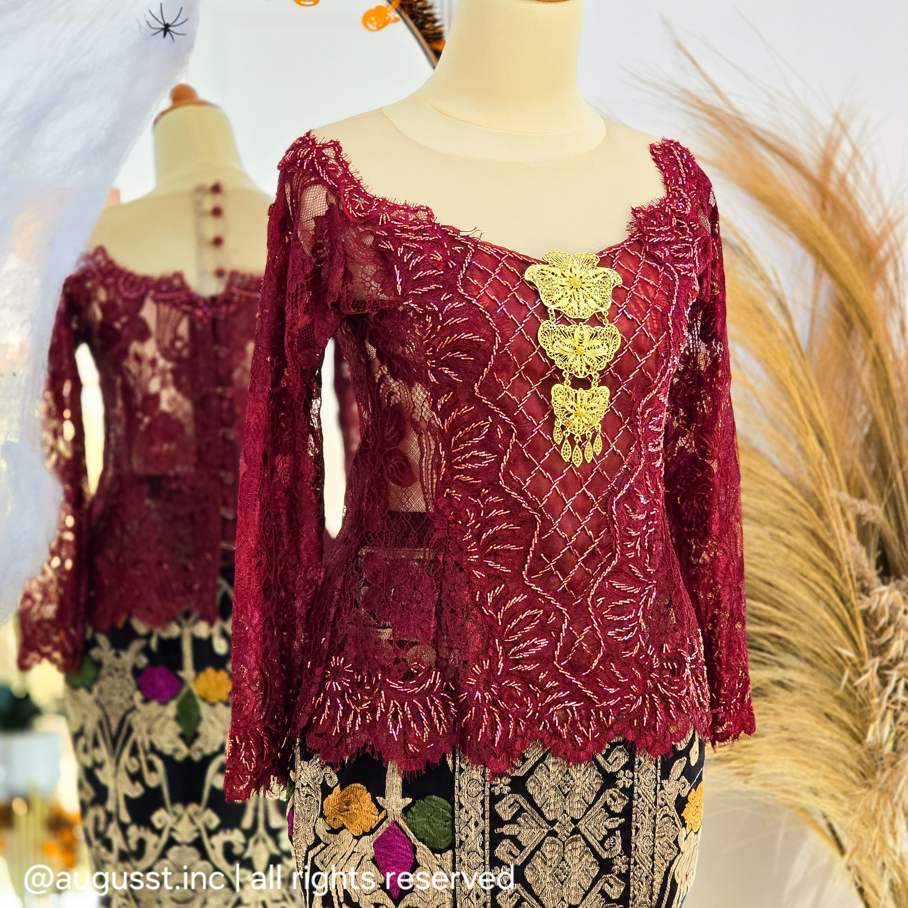 Kebaya Bali Premium – Maroon Red Sabrina (set)
