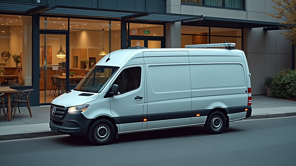 High angle view of a field service van parked outside a commercial building