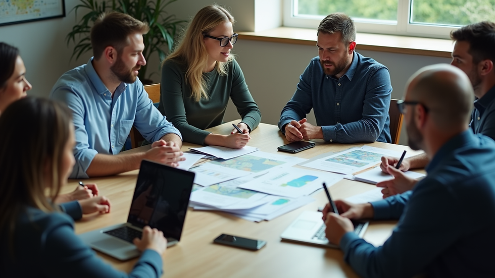 High angle view of a field service team meeting with digital devices