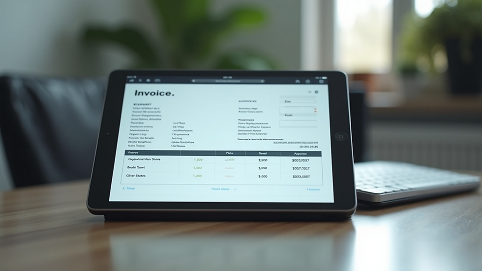 Eye-level view of a digital tablet displaying an invoice on a desk
