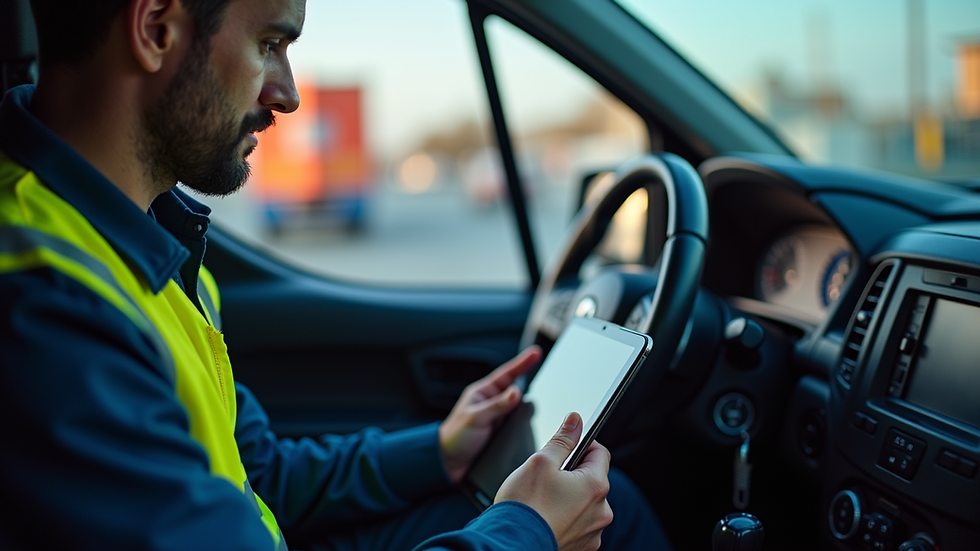Eye-level view of a technician using a tablet in a service van