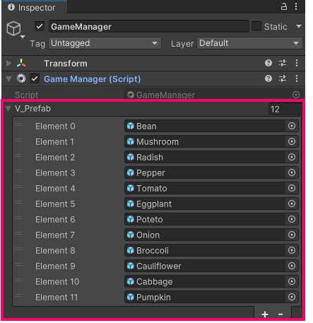 スイカゲーム風ベジタブルゲームの作り方 配列へのプレハブ配置