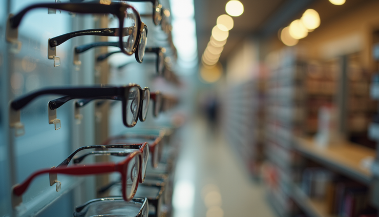 Eye-level view of a display rack filled with diverse Zenfoancer eyeglass frames