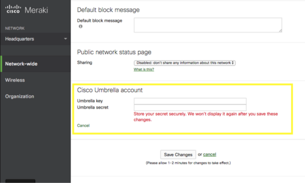Enabling Meraki + Umbrella integration within the Meraki dashboard.