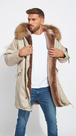 E-commerce on-model photography of a male model wearing a parka coat.