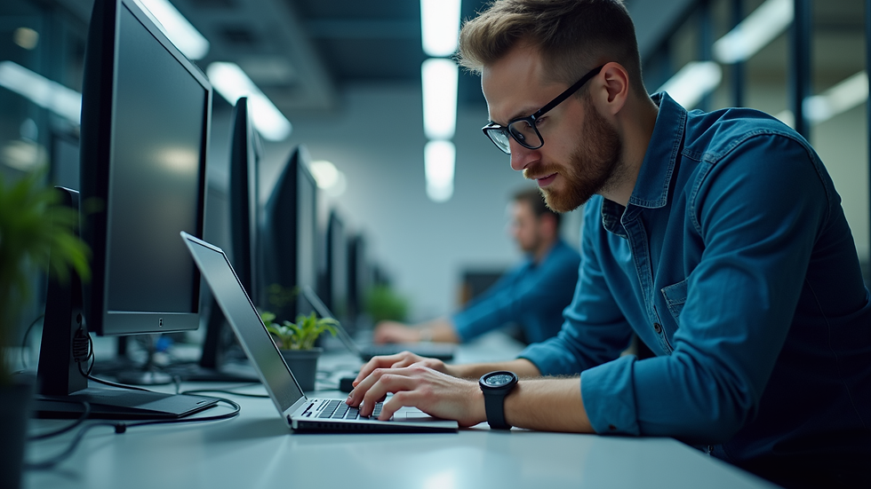 Eye-level view van een IT-specialist die een netwerkrouter installeert in een kantoor
