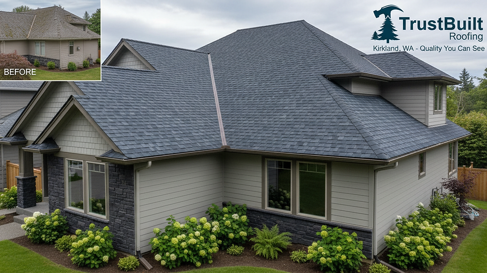 Eye-level view of a newly installed roof on a residential home in Kirkland