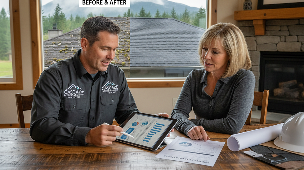 Close-up view of a roofing contractor discussing financing options with a homeowner