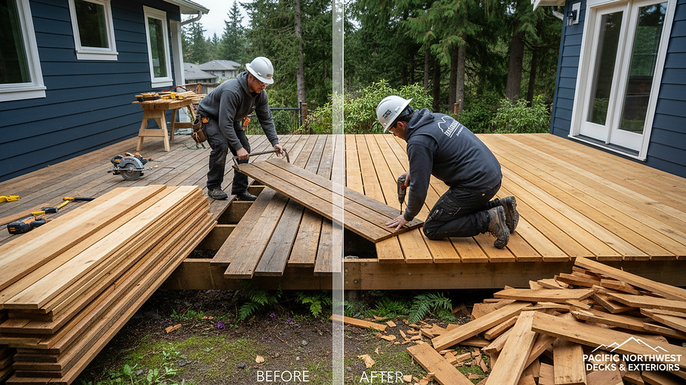 Eye-level view of wooden deck boards being replaced