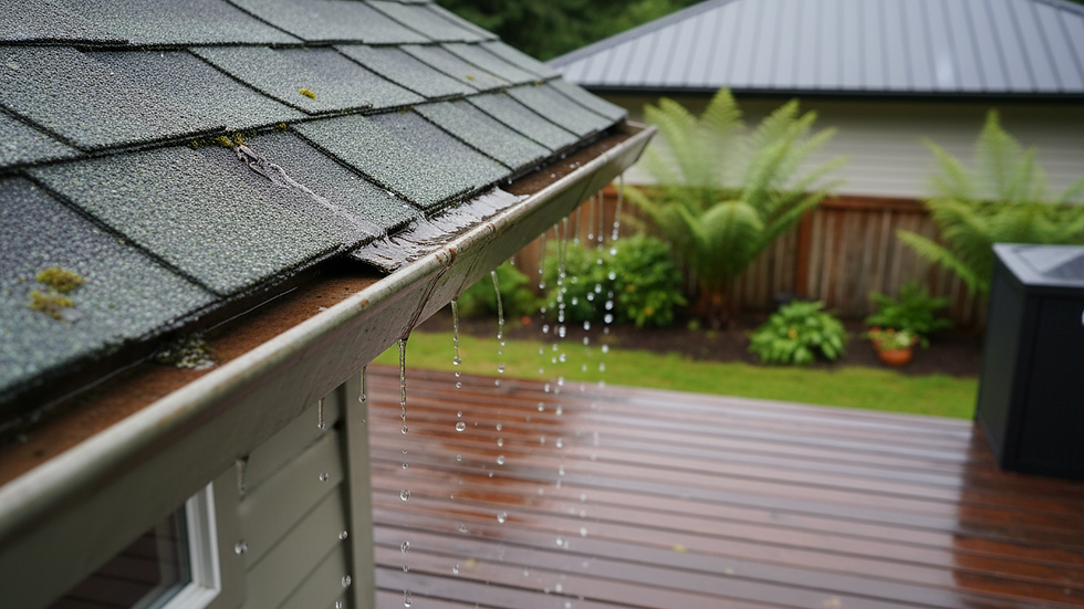 Close-up view of rainwater dripping from a damaged roof edge in a residential area