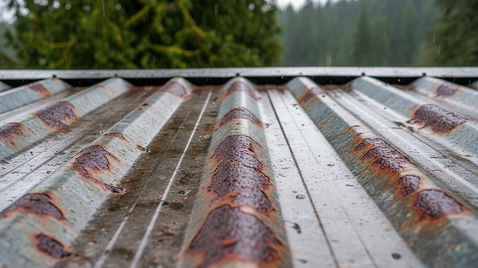 Close-up view of metal roof panels showing signs of wear and rust