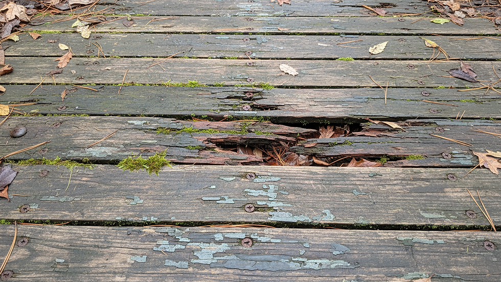 Close-up view of weathered and damaged deck boards