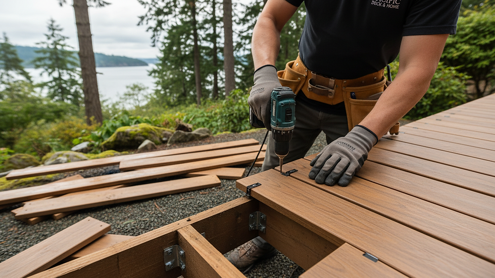 Close-up view of a contractor installing new deck boards