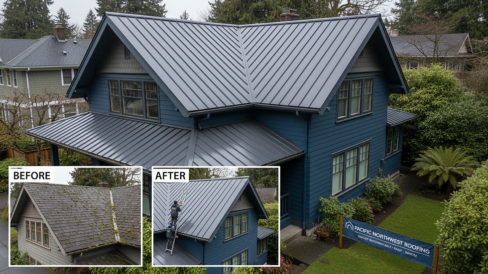 Eye-level view of a metal roof installed on a residential home in a Seattle neighborhood