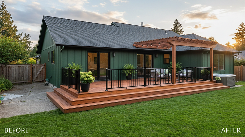 Wide angle view of a newly constructed wooden deck in a residential backyard