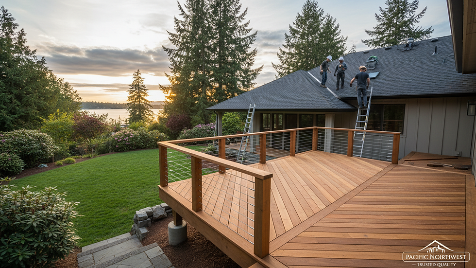 Wide angle view of a newly built wooden deck in a Kirkland backyard