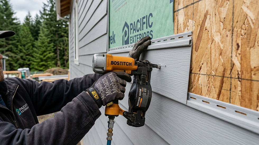 Close-up view of vinyl siding being nailed onto a house exterior