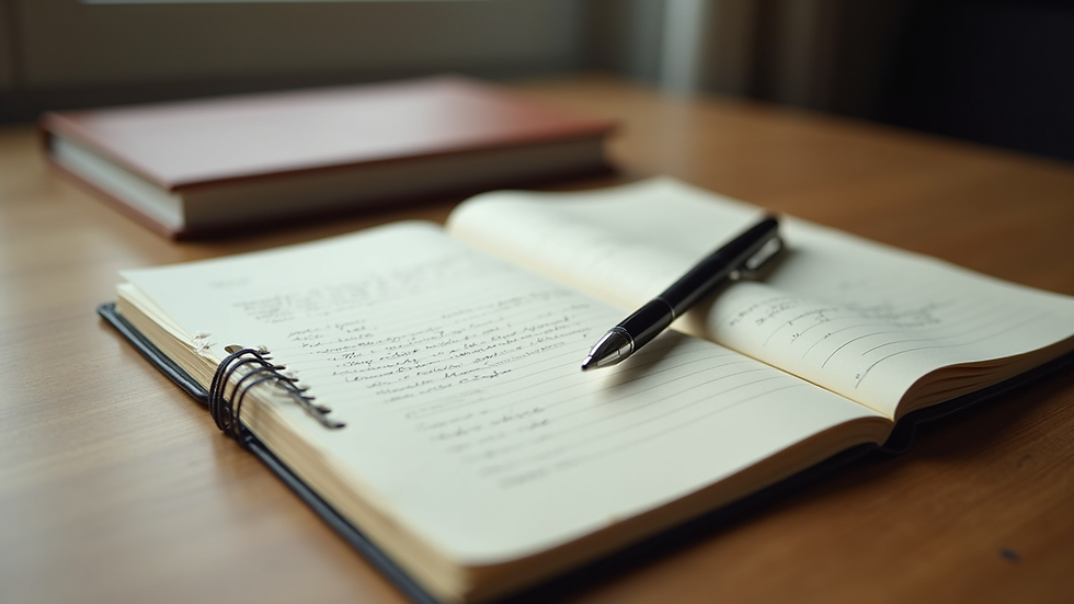 Close-up view of a journal with handwritten notes and a pen, symbolizing reflection and mental processing