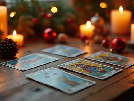 Tarot cards laid out with Christmas decorations and candles