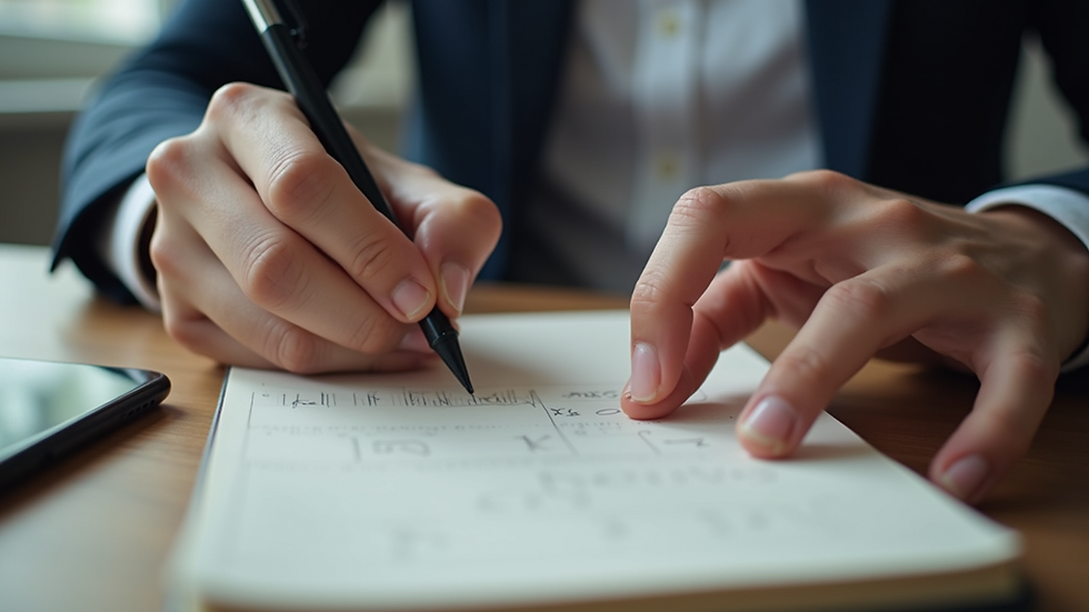 Close-up view of a hand writing in a journal with a pen