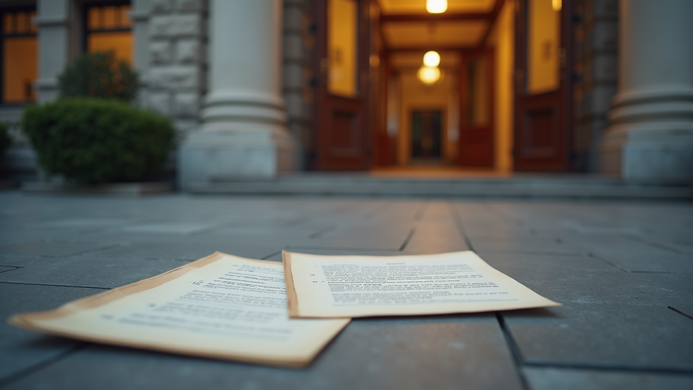 Eye-level view of a courthouse entrance with family law case documents
