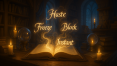 High-fantasy wizard’s study with an open spellbook emitting glowing magical words like ‘Haste’ and ‘Freeze’; surrounded by candles, crystal orbs, and bookshelves in warm, atmospheric lighting.