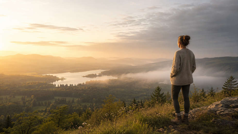 Woman hiker overlooks a misty valley at sunrise thinking.