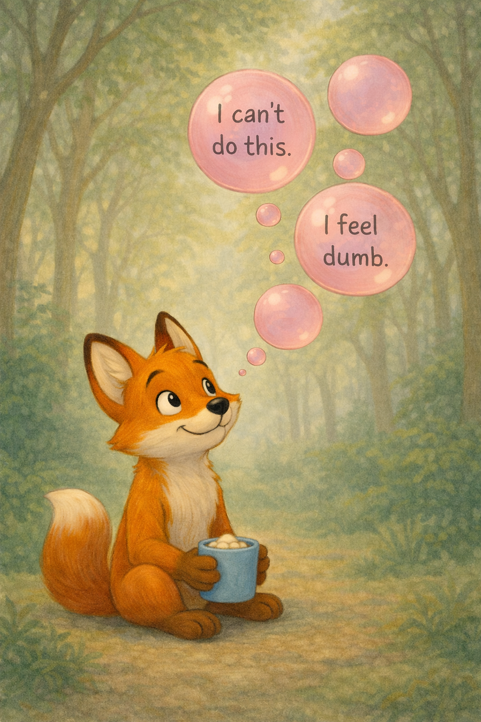 Finn the Fox sits calmly watching his sticky gum bubble thoughts floating away, feeling happier.