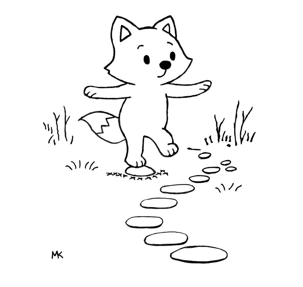Finn the Fox stepping across a path of small stones.
