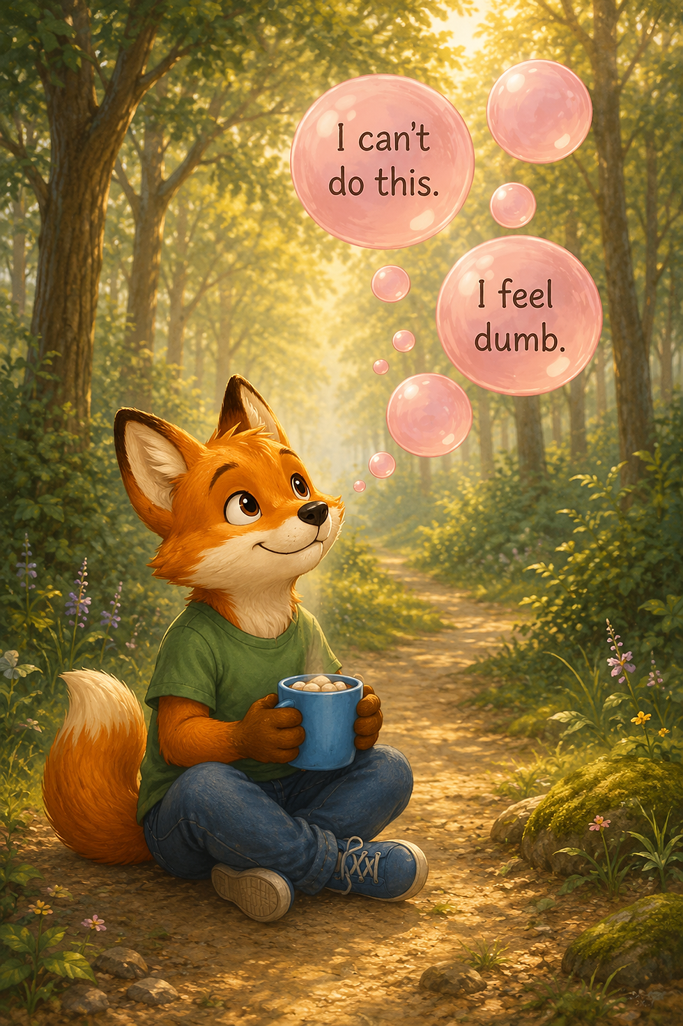 Finn the Fox sits calmly watching his sticky gum bubble thoughts floating away, feeling happier.