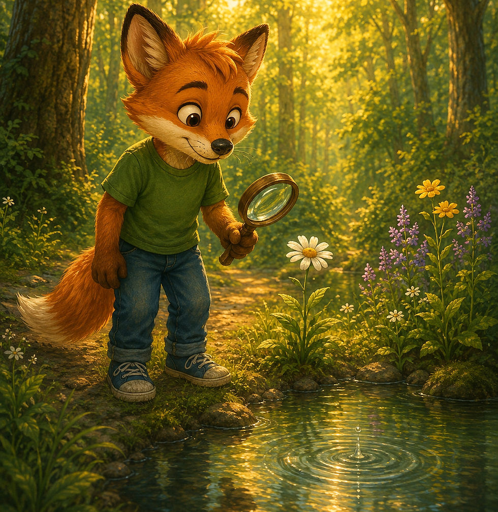 Finn the Fox explores a forest with a magnifying glass, carefully observing a wildflower beside a quiet stream.