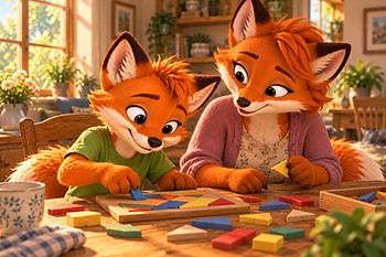 Finn the Fox works on a colorful wooden puzzle with his mom during an everyday activity at home.