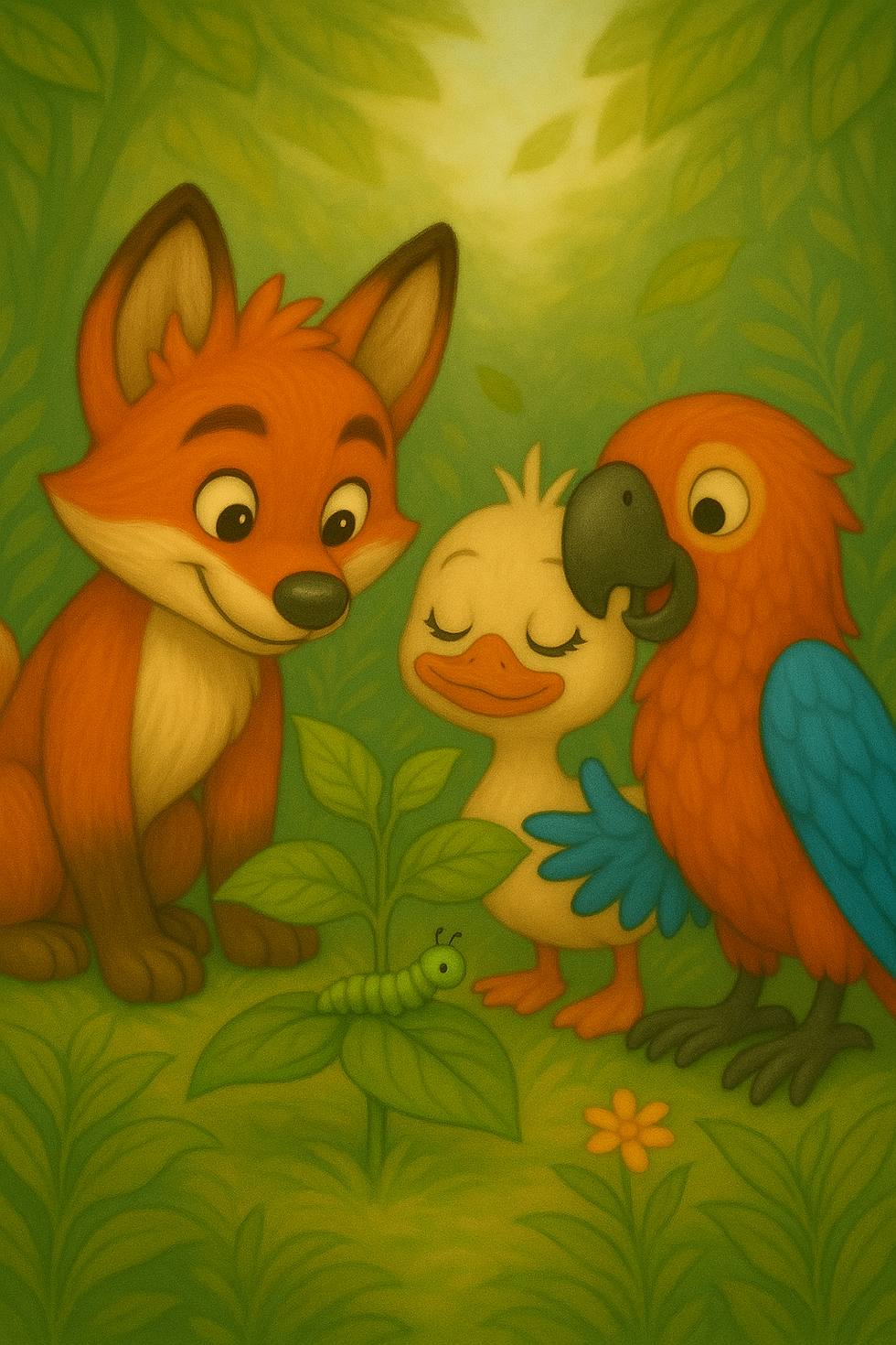 Micah the Macaw helps Finn the Fox and Delaney the Duck stop when running to notice a caterpillar. A powerful lesson of "noticing."