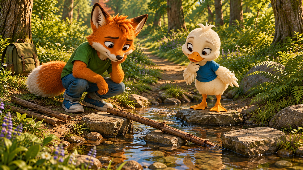 Finn the Fox and Delaney the Duck work together on an outdoor challenge and consider what they might try next.