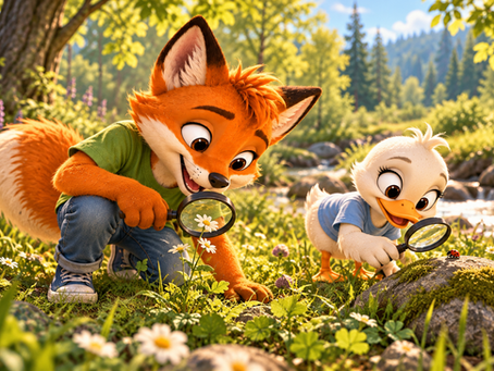 Finn the Fox and Delaney the Duck explore flowers and a ladybug with magnifying glasses outdoors in Acceptance Acres.
